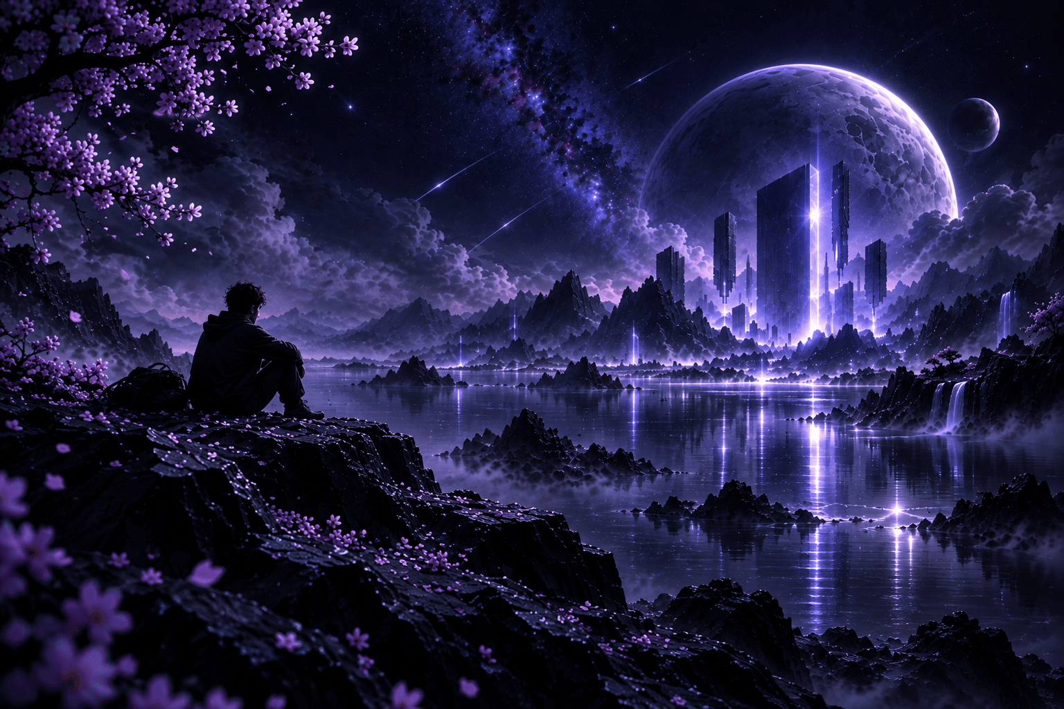 Contemplative Thinker on Cliff Overlooking Futuristic City
